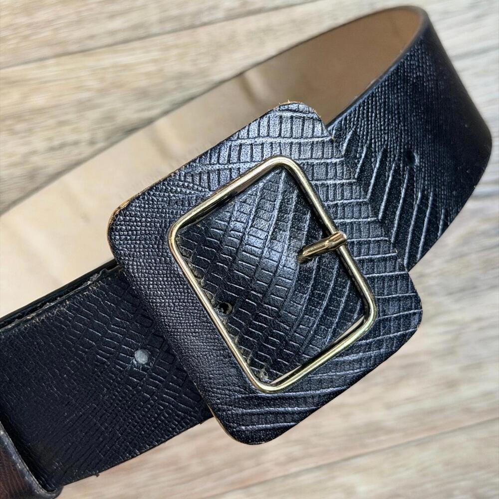 Vintage Oscar de la Renta Black Embossed Leather Wide Waist Belt w/Gold Buckle - Picture 2 of 11